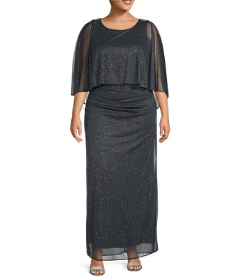 Ignite Evenings Plus Size Glitter Mesh Crew Neck Cold Shoulder Capelet Sheath Dress