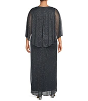 Ignite Evenings Plus Size Glitter Mesh Crew Neck Cold Shoulder Capelet Sheath Dress