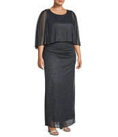 Ignite Evenings Plus Size Glitter Mesh Crew Neck Cold Shoulder Capelet Sheath Dress