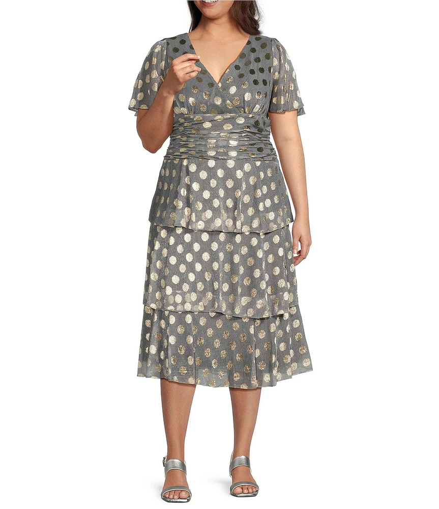 Ignite Evenings Plus Size Metallic Dotted Short Sleeve Surplice V-Neck Tiered Midi Dress