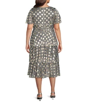 Ignite Evenings Plus Size Metallic Dotted Short Sleeve Surplice V-Neck Tiered Midi Dress