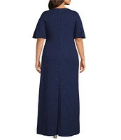 Ignite Evenings Plus Size Metallic Knit L-Neck Gown