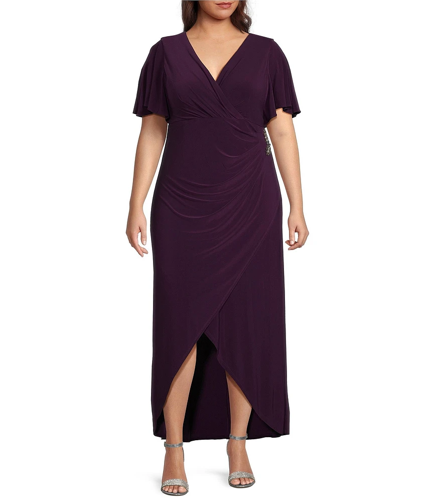 Ignite Evenings Plus Size Metallic Knit V-Neck Flutter Sleeves Pleated Dress