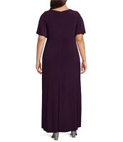 Ignite Evenings Plus Size Metallic Knit V-Neck Flutter Sleeves Pleated Dress