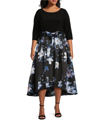 Ignite Evenings Plus Size Mikado Floral Print Scoop Neck 3/4 Sleeves Tie Belt High-Low Party Dress