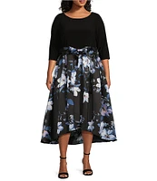 Ignite Evenings Plus Size Mikado Floral Print Scoop Neck 3/4 Sleeves Tie Belt High-Low Party Dress