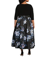 Ignite Evenings Plus Size Mikado Floral Print Scoop Neck 3/4 Sleeves Tie Belt High-Low Party Dress