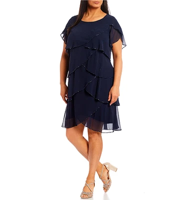 Ignite Evenings Plus Size Round Neck Short Flutter Sleeve Beaded Trim Tiered Dress