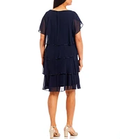 Ignite Evenings Plus Size Round Neck Short Flutter Sleeve Beaded Trim Tiered Dress