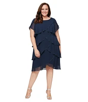 Ignite Evenings Plus Size Round Neck Short Flutter Sleeve Beaded Trim Tiered Dress