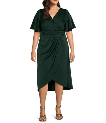 Ignite Evenings Plus Size Satin Charmeuse Surplice V-Neck Ruched Waist Flutter Sleeves Midi Dress