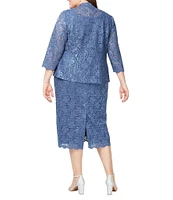 Ignite Evenings Plus Size Scalloped Sequin Lace Square Neck 3/4 Sleeve 2-Piece Jacket Dress