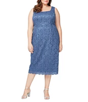 Ignite Evenings Plus Size Scalloped Sequin Lace Square Neck 3/4 Sleeve 2-Piece Jacket Dress