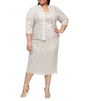 Ignite Evenings Plus Size Scalloped Sequin Lace Square Neck 3/4 Sleeve 2-Piece Jacket Dress