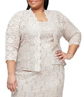 Ignite Evenings Plus Size Scalloped Sequin Lace Square Neck 3/4 Sleeve 2-Piece Jacket Dress