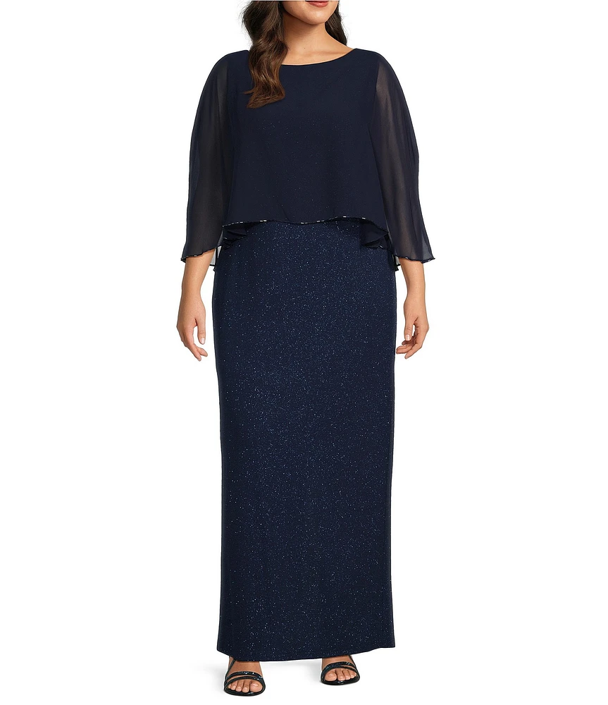 Ignite Evenings Plus Size Scoop Neck Chiffon Overlay and Sleeve with Bugle Bead Detail Sheath Dress