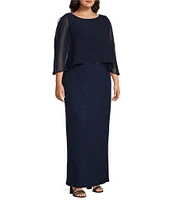 Ignite Evenings Plus Size Scoop Neck Chiffon Overlay and Sleeve with Bugle Bead Detail Sheath Dress