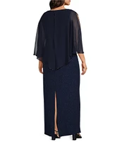 Ignite Evenings Plus Size Scoop Neck Chiffon Overlay and Sleeve with Bugle Bead Detail Sheath Dress