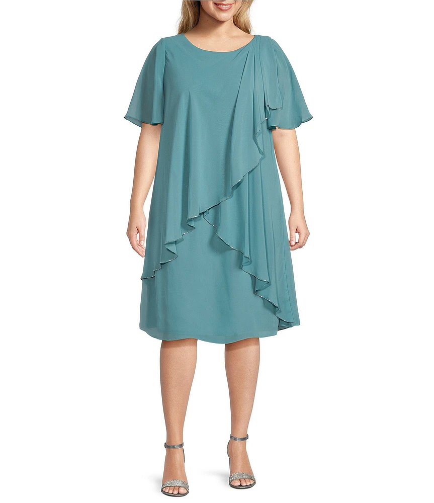 Ignite Evenings Plus Size Scoop Neck Short Sleeve Tulip Overlay Beaded Trim Chiffon Dress