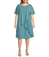 Ignite Evenings Plus Size Scoop Neck Short Sleeve Tulip Overlay Beaded Trim Chiffon Dress