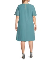 Ignite Evenings Plus Size Scoop Neck Short Sleeve Tulip Overlay Beaded Trim Chiffon Dress