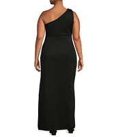 Ignite Evenings Plus Size Scuba Stretch Jersey One Shoulder Sleeveless Flower Sheath Dress