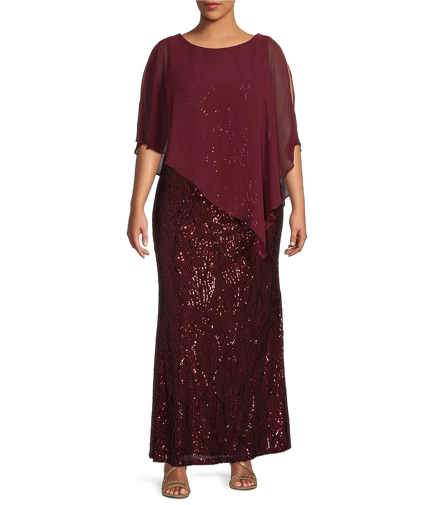 Ignite Evenings Plus Size Sequin Crew Neck Asymmetric Overlay Sheath Dress