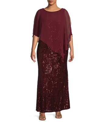 Ignite Evenings Plus Size Sequin Crew Neck Asymmetric Overlay Sheath Dress