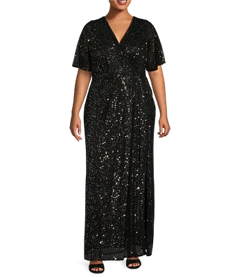 Ignite Evenings Plus Size Sequin Surplice V-Neck Flutter Sleeve Gown