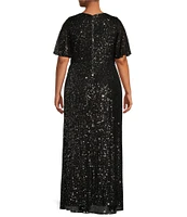 Ignite Evenings Plus Size Sequin Surplice V-Neck Flutter Sleeve Gown