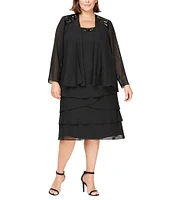 Ignite Evenings Plus Size Scoop Neck Long Sleeve Sequin Trim Tiered 2-Piece Jacket Dress