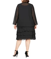 Ignite Evenings Plus Size Scoop Neck Long Sleeve Sequin Trim Tiered 2-Piece Jacket Dress