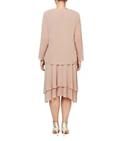 Ignite Evenings Plus Size Scoop Neck Long Sleeve Sequin Shoulder Midi Tiered Hem Jacket Dress
