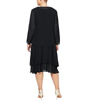 Ignite Evenings Plus Size Scoop Neck Long Sleeve Sequin Shoulder Midi Tiered Hem Jacket Dress