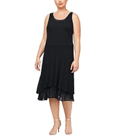 Ignite Evenings Plus Size Scoop Neck Long Sleeve Sequin Shoulder Midi Tiered Hem Jacket Dress
