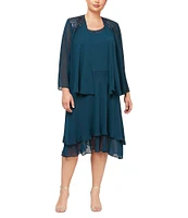 Ignite Evenings Plus Size Scoop Neck Long Sleeve Sequin Shoulder Midi Tiered Hem Jacket Dress