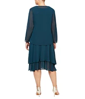 Ignite Evenings Plus Size Scoop Neck Long Sleeve Sequin Shoulder Midi Tiered Hem Jacket Dress