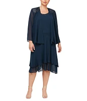 Ignite Evenings Plus Size Scoop Neck Long Sleeve Sequin Shoulder Midi Tiered Hem Jacket Dress