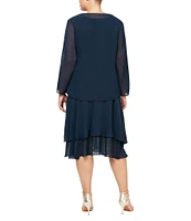 Ignite Evenings Plus Size Scoop Neck Long Sleeve Sequin Shoulder Midi Tiered Hem Jacket Dress