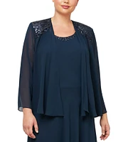 Ignite Evenings Plus Size Scoop Neck Long Sleeve Sequin Shoulder Midi Tiered Hem Jacket Dress