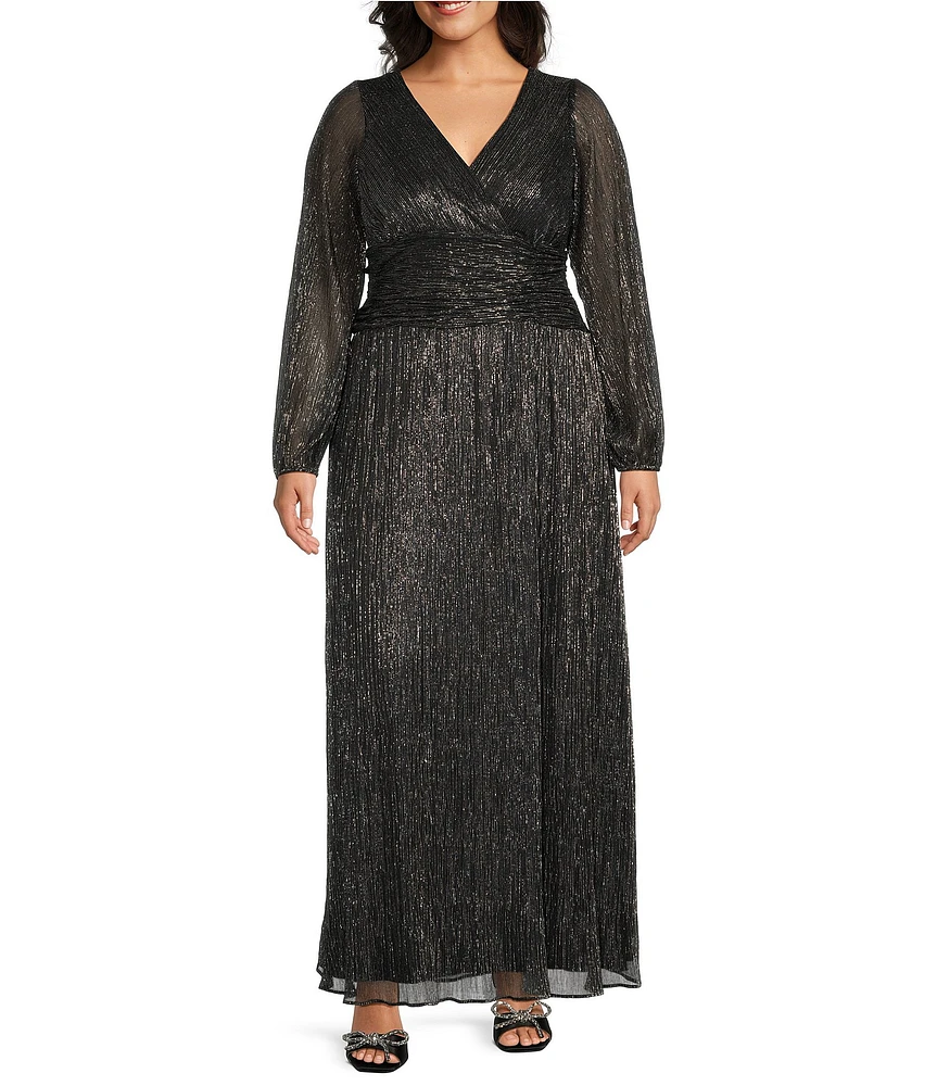 Ignite Evenings Plus Size Shimmer Bodre Surplice Neck Long Sleeve Ruched Waist A-Line Dress