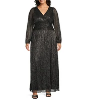 Ignite Evenings Plus Size Shimmer Bodre Surplice Neck Long Sleeve Ruched Waist A-Line Dress