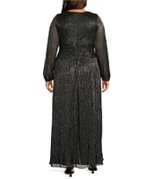 Ignite Evenings Plus Size Shimmer Bodre Surplice Neck Long Sleeve Ruched Waist A-Line Dress