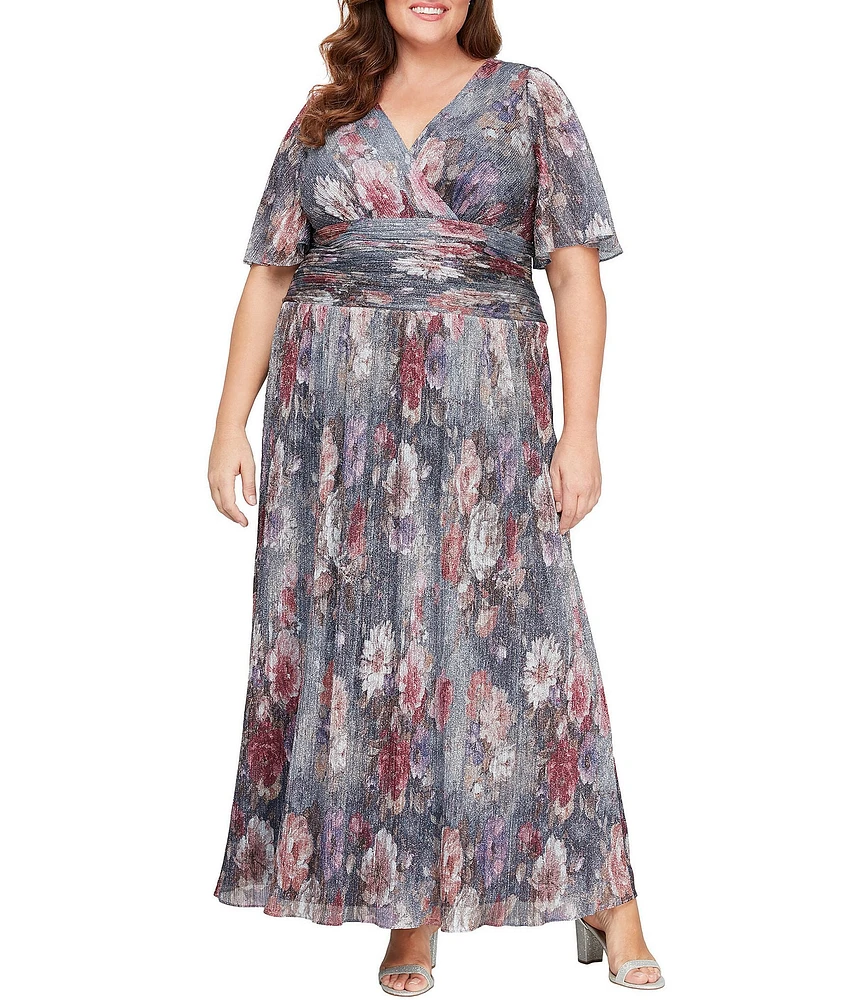 Ignite Evenings Plus Size Short Flutter Sleeve V-Neck Ruched Waist Gown