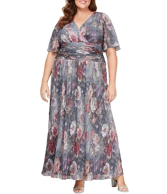 Ignite Evenings Plus Size Short Flutter Sleeve V-Neck Ruched Waist Gown