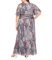 Ignite Evenings Plus Size Short Flutter Sleeve V-Neck Ruched Waist Gown