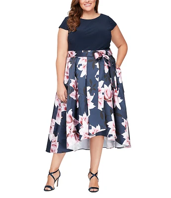 Ignite Evenings Plus Size Short Sleeve Crew Neck Tie Waist High/Low Dress