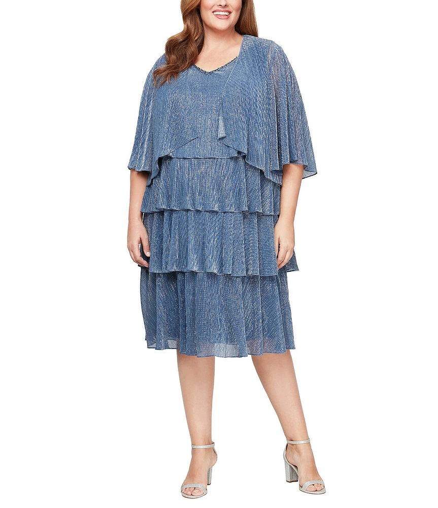 Ignite Evenings Plus Size Short Sleeve Embellished V-Neck 2-Piece Bodre Shimmer Jacket Dress