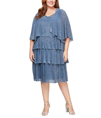 Ignite Evenings Plus Size Short Sleeve Embellished V-Neck 2-Piece Bodre Shimmer Jacket Dress