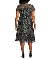 Ignite Evenings Plus Size Crew Neck Short Sleeve Embroidered Soutache Lace Illusion Midi Dress